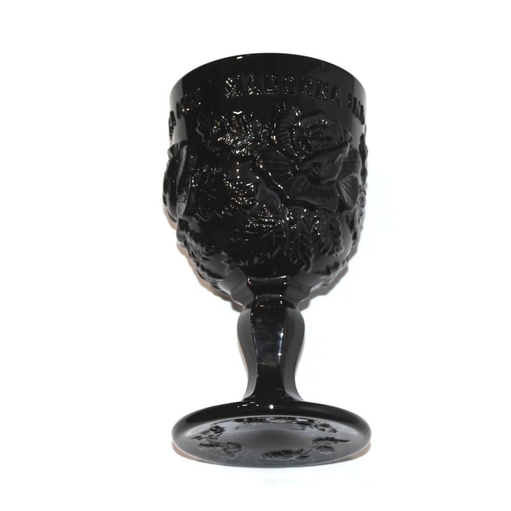 Madonna Inn 6.5" goblet black glass embossed rose souvenir
